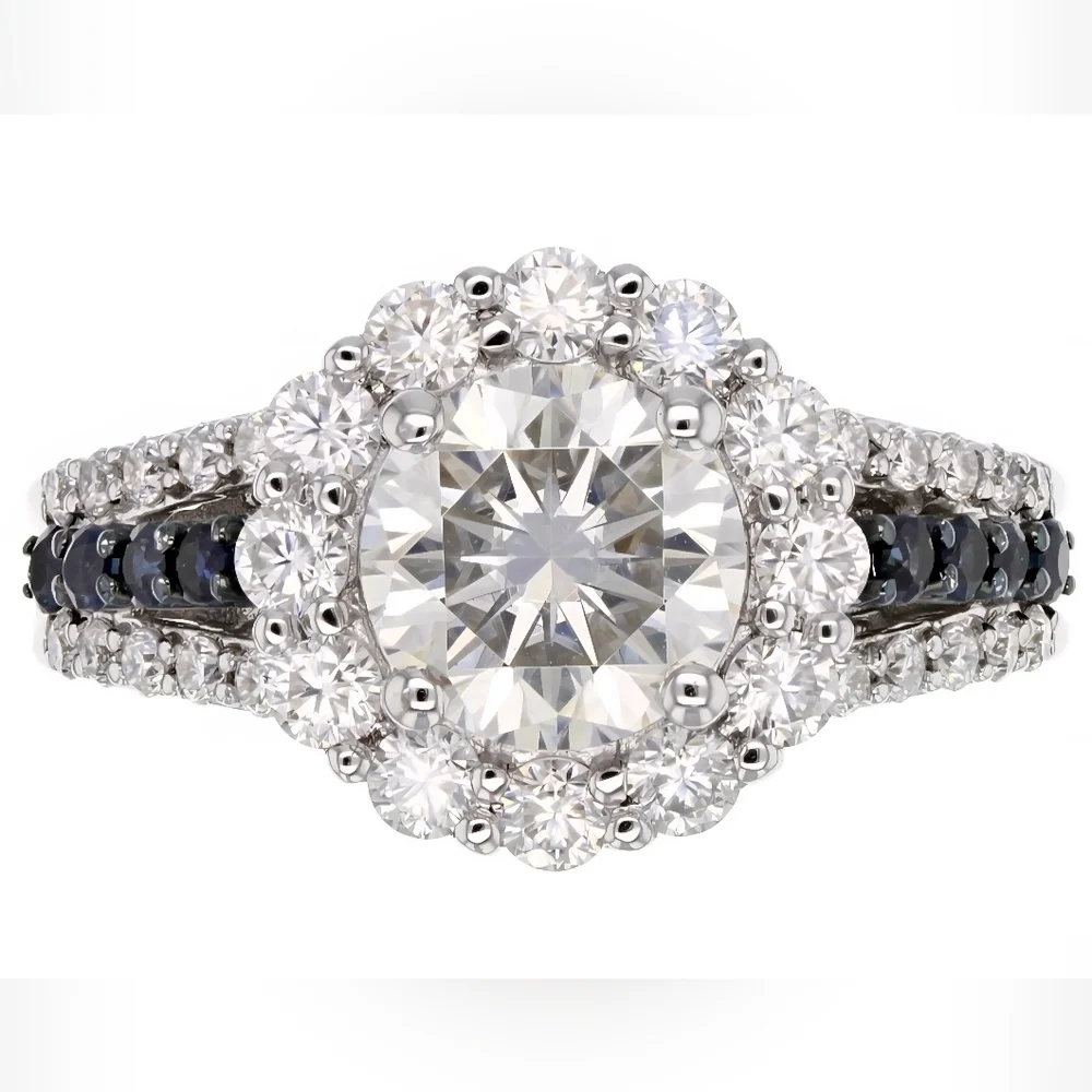 Moissanite Fire Blue Sapphire Platineve 925 Silver Ring - Picture 2 of 16